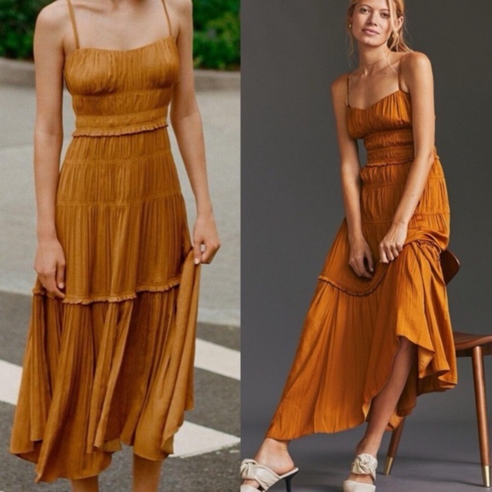 NEW Anthropologie Ruched Tiered Sleeveless Midi Slip Dress Bronze Size 6